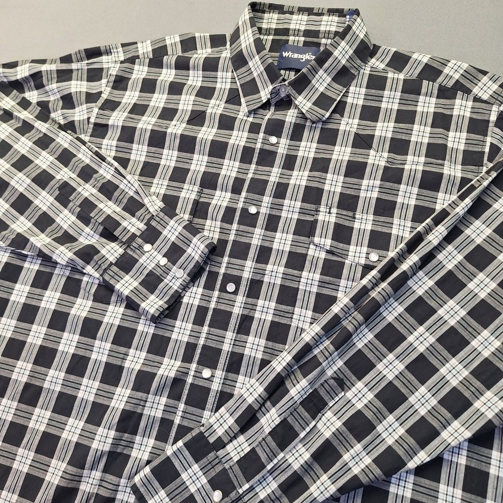 Wrangler Mens Western Pearl Snap Plaid Shirt Black White XL Cowboy Rodeo Chore